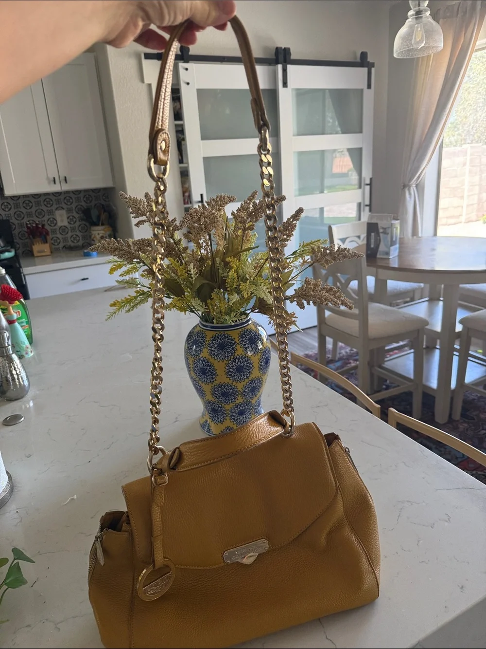 Versace Collection Mustard Yellow Leather Satchel with Gold Chain